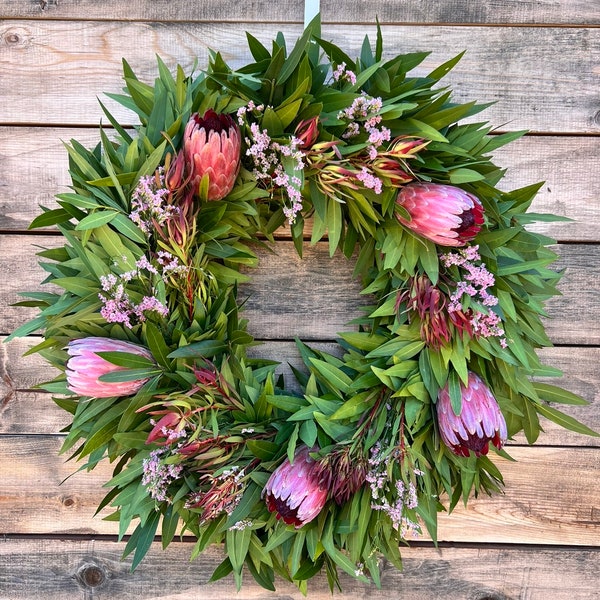 FRESH wreath Real Bayleaf, Pink Misty, Pink Ice Protea, Safari  Front Door Decor, Spring. Summer, housewarming gift birthday, Mothers day.