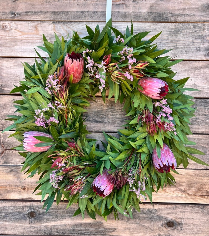 FRESH wreath Real Bayleaf, Pink Misty, Pink Ice Protea, Safari Front Door Decor, Spring. Summer, housewarming gift birthday, Mothers day. image 1
