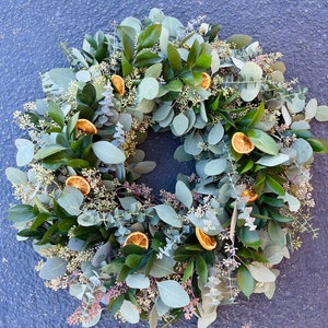 FRESH Eucalyptus, Baby Blue, Ruscus, Naturally Dehydrated Oranges Wreath For Front Door, Spring, Summer Decor Birthday Gift, Mothers day.