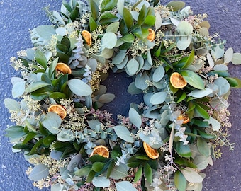 FRESH Eucalyptus, Baby Blue, Ruscus, Naturally Dehydrated Oranges Wreath  —  Home Decor | Birthday Gift | Handcrafted | Housewarming | Fall