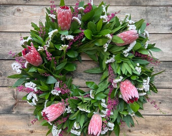 FRESH Wreath Real Bayleaf Laurel,  Pink Ice Protea, Statice, Spring, Summer,  Mothers Day, Housewarming Gifts Birthday, Graduation.