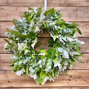 FRESH Real Dusty Miller, Bayleaf, Eucalyptus, Rosemary Wreath — Handcrafted | Front Door Decor | Home Decor | Fall | Kitchen | Birthday Gift