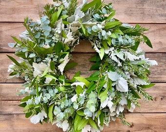 FRESH Real Dusty Miller, Bayleaf, Eucalyptus, Rosemary Wreath. Front Door Decor, Home Decoration Decor, Summer, Spring Graduation .