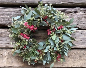 Fresh Real Wreath Eucalyptus Seeded and Pepperberry, Wreath for Front Door, Decor Home Decor Housewarming  Spring, Birthday gift Mothers Day