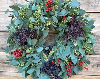 FRESH  Wreath Eucalyptus Seeded, Holly Berry and Privet for Front Door, Decor Home  Birthday Winter Spring Summer  Mothers Day Gift,