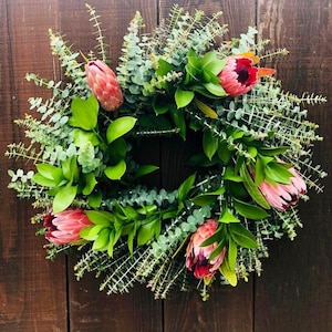 Fresh Real Baby Blue Eucalyptus, Pink Ice Proteas, and Ruscus Wreath.  Wreath for Front Door Decor, Summer, Spring, Birthday, Mothers day