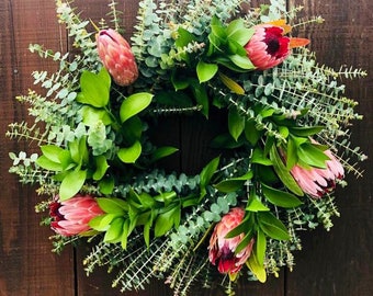 Fresh Real Baby Blue Eucalyptus, Pink Ice Proteas, and Ruscus Wreath.  Wreath for Front Door Decor, Summer, Spring, Birthday, Mothers day