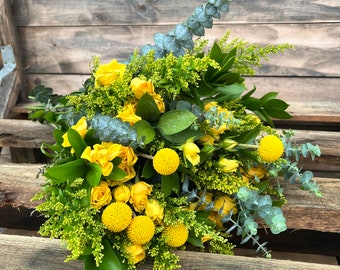 Real Fresh Picked Flower Bouquet Yellow, Eucalyptus Ruscus, Billy Balls Yellow Roses spring summer home decor Graduation birthday gift.