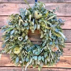 FRESH Real Eucalyptus and Banksia Flower Wreath — Front Door Decor | Porch | Decorations | Farmhouse | Home Decor | Handcraft | Housewarming