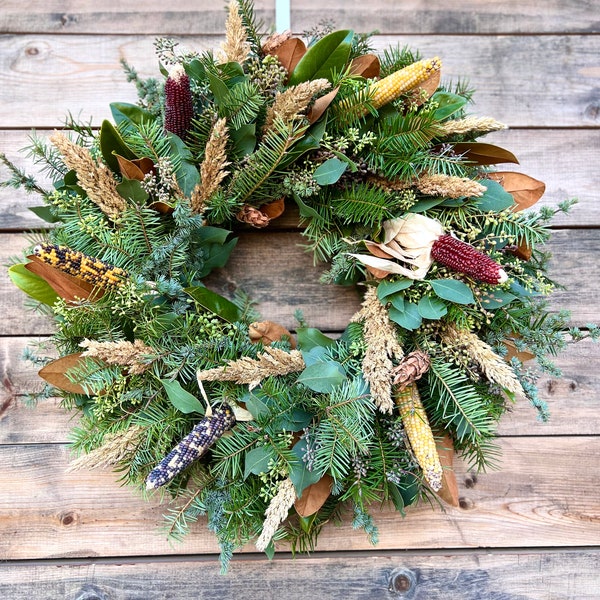 FRESH summer Wreath, Pines, Eucalyptus, Magnolia and Corn Wreath for front door decor, spring, Birthday Gift farmhouse, Mothers Day.