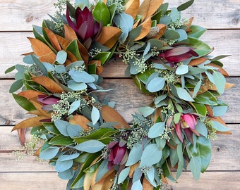 FRESH Real Magnolia Leaf, Leucadendron Eucalyptus Handcrafted Wreath — Front Door Decor | Kitchen | Birthday Gift | Home Decor | Fall
