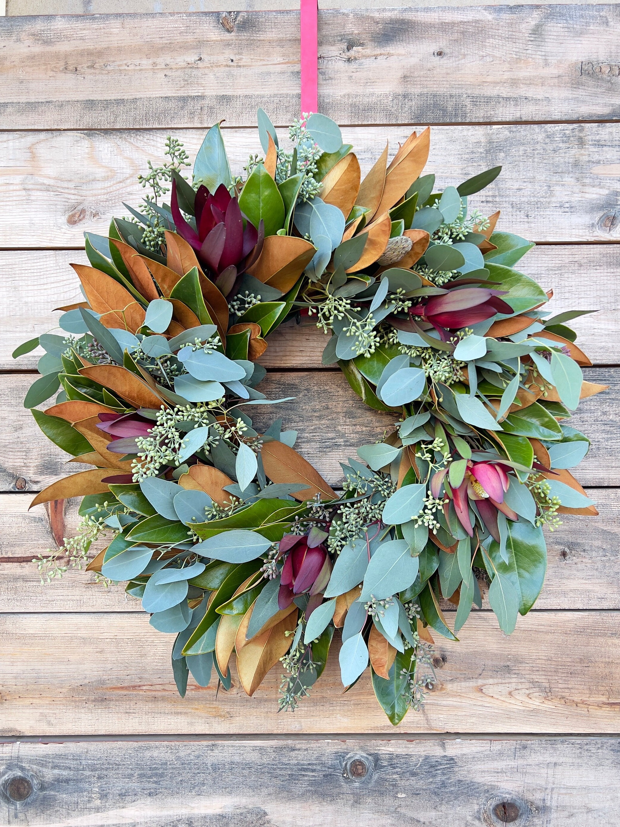FRESH Real Magnolia Leaf, Leucadendron, Eucalyptus — Handcrafted | Front Door Decor | Kitchen | Birthday Gift | Home Decor | Fall | Autumn