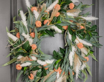 Wreath for Front Door Decor, Orange, Pampas Faux Artificial Real Touch Indoors, Outdoors, Birthday Gift, Home decor, spring, summer,.