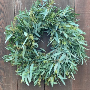 FRESH eucalyptus seeded and Eucalyptus parvifolia Front door decor. Spring, Easter, summer birthday Gift Decor, Birthday Gift, Housewarming.