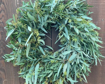 FRESH eucalyptus seeded and Eucalyptus parvifolia Front door decor. Spring, Easter, summer birthday Gift Decor, Birthday Gift, Housewarming.