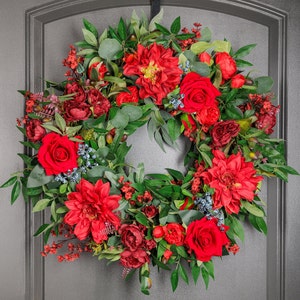 Wreath for Front Door Decor, Red Tones Faux Artificial Real Touch Indoors, Outdoors, Office, spring, Summer, easter Birthday, House Warming.