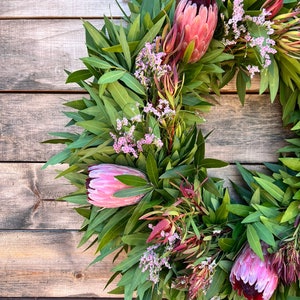 FRESH wreath Real Bayleaf, Pink Misty, Pink Ice Protea, Safari Front Door Decor, Spring. Summer, housewarming gift birthday, Mothers day. image 3