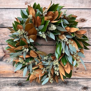 Real Fresh Magnolia and Seeded Eucalyptus Handcrafted Wreath for Front Door Decor. Wall, Kitchen, Birthday gift, Summer