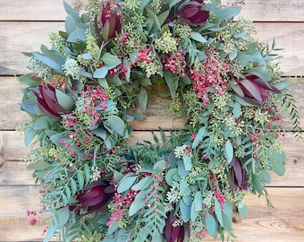 FRESH Wreath Eucalyptus Seeded, Safari and Pepperberry for Front Door, Decor Wedding Home Spring, Summer, Mothers day, Birthday, Graduation.