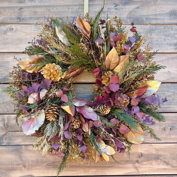 Real Preserved  Wreath for Front Door Cypress, Salal Eucalyptus, Pine Cones Summer, spring, sympathy Home decor gift housewarming.