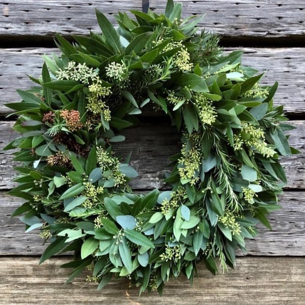 FRESH Eucalyptus Bay leaf Rosemary wreath full of aroma front Door Decor. Wedding, Spring, Summer, front door, Graduation, Mothers day.