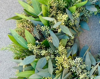 FRESH Eucalyptus seeded Bay leaf Rosemary wreath full of aroma front Door Decor. Spring, Summer, Wedding, Birthday Gift, Kitchen, Window.