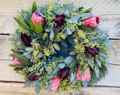 Fresh Eucalyptus Seeded and Pink Ice Protea Wreath fall wreath for Front Door, Home Decor Fall, Autumn, Christmas Season.