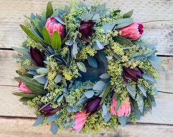 Fresh Natural Seeded Eucalyptus and Pink Ice Protea Flower wreath Front Door Decor Spring, Summer, Birthday Gift,  housewarming, Graduation.