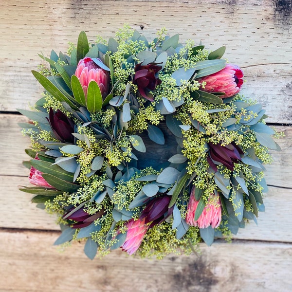 Fresh Natural Seeded Eucalyptus and Pink Ice Protea Flower wreath Front Door Decor Spring, Summer, Birthday Gift,  housewarming, Graduation.