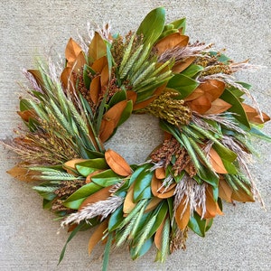 Fresh Real Magnolia, Pampas and Grain Grasses Wreath for Front Door Decor Chimney Indoors Outdoors housewarming gift Office Decor Kitchen.