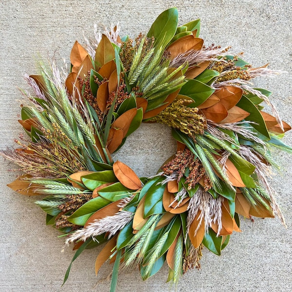 FRESH Real Magnolia, Pampas and Grain Grasses Wreath — Front Door | Housewarming Gift | Handcraft | Home Decor | Fall | Autumn | Porch Decor