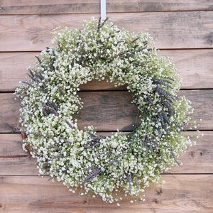 FRESH Baby’s Breath, and Dried Lavender Handcrafted Wreath for Front Door Decor, Aromatic, Wedding Centerpiece, Gift, Aromatic, Spring Gift