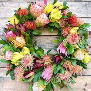 FRESH Seaonal Protea Mix Wreath  Door Decor. Wedding, Spring, Summer, Gift, Mothers Day, Graduation, Birthday, House Warming.