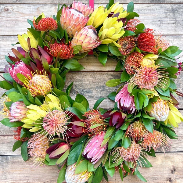 FRESH Seaonal Protea Mix Wreath  Door Decor. Wedding, Spring, Summer, Gift, Mothers Day, Graduation, Birthday, House Warming.