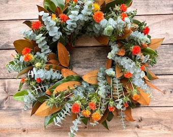 FRESH Real Magnolia, Safflower, Eucalyptus Baby Blue  —  Handcrafted Wreath Front Door Decor | Kitchen | Home Decor | Fall | Autumn