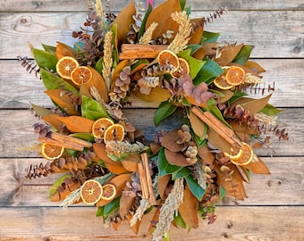FRESH Real Magnolia, Cinnamon, Eucalyptus, Oranges — Aromatic | Handcrafted Wreath | Front Door Decor | Kitchen | Home Decor |Fall
