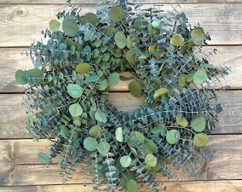 Corona de eucalipto azul claro preservada (Silver Dollar) — Boda / Cocina / Larga duración / Decoración / Inauguración de casa / Verano / Primavera