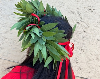 REAL Fresh Laurel Bayleaf Crown Greek Foliage Graduation red ribbon headpiece Italian Corona di Alloro College University Gift, Graduation.