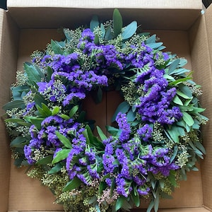 Fresh Purple statice, Bay leaf, and Seeded Eucalyptus Wreath Front Door Porch Wedding Kitchen Housewarming Spring, For front door Gift