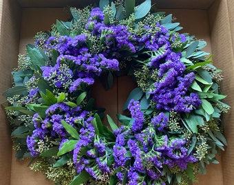 Fresh Purple statice, Bay leaf, and Seeded Eucalyptus Wreath Front Door Porch Wedding Kitchen Housewarming Spring, For front door Gift