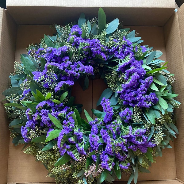 Fresh Purple statice, Bay leaf, and Seeded Eucalyptus Wreath Front Door Porch Wedding Kitchen Housewarming Spring, For front door Gift