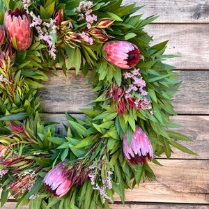 FRESH wreath Real Bayleaf, Pink Misty, Pink Ice Protea, Safari Front Door Decor, Spring. Summer, housewarming gift birthday, Mothers day. image 2