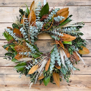 FRESH Magnolia Leaf, Sorghum, Pampas, Curly Willow Wreath —  Wedding | Front Door Decor | Fall | Centerpiece | Housewarming Office | Autumn