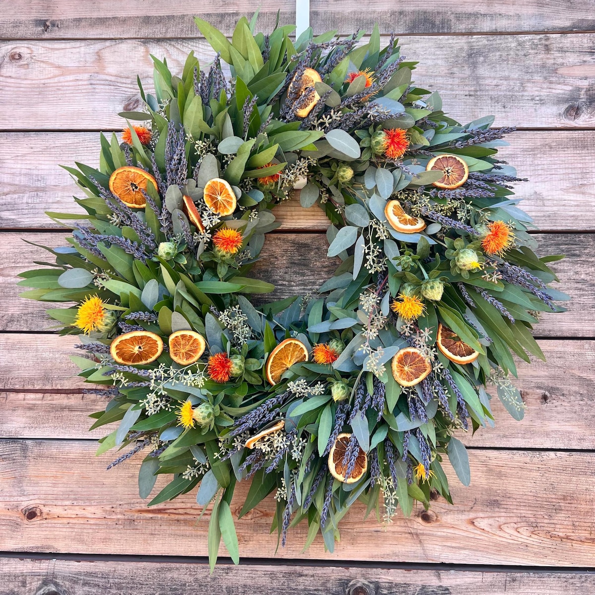 FRESH Bay Leaf Eucalyptus Dried Lavender and Dehydrated Oranges Wreath — Front Door | Home Decor | Yellow | Aromatic | Fall | End of Summer - Etsy