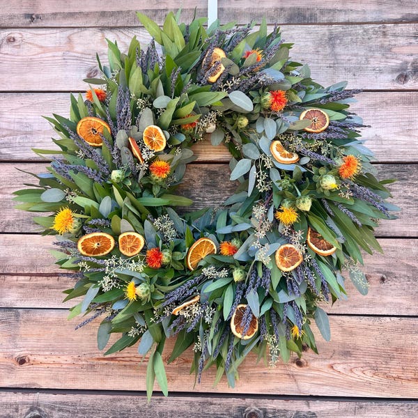 FRESH Bay Leaf Eucalyptus Dried Lavender and Dehydrated Oranges Wreath — Front Door | Home Decor | Yellow | Aromatic | Spring | Summer |