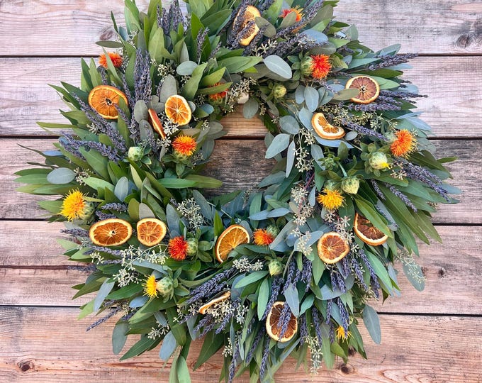Aromatic Eucalyptus Lavender Orange Wreath – Front Door Decor, Fall Home Accent