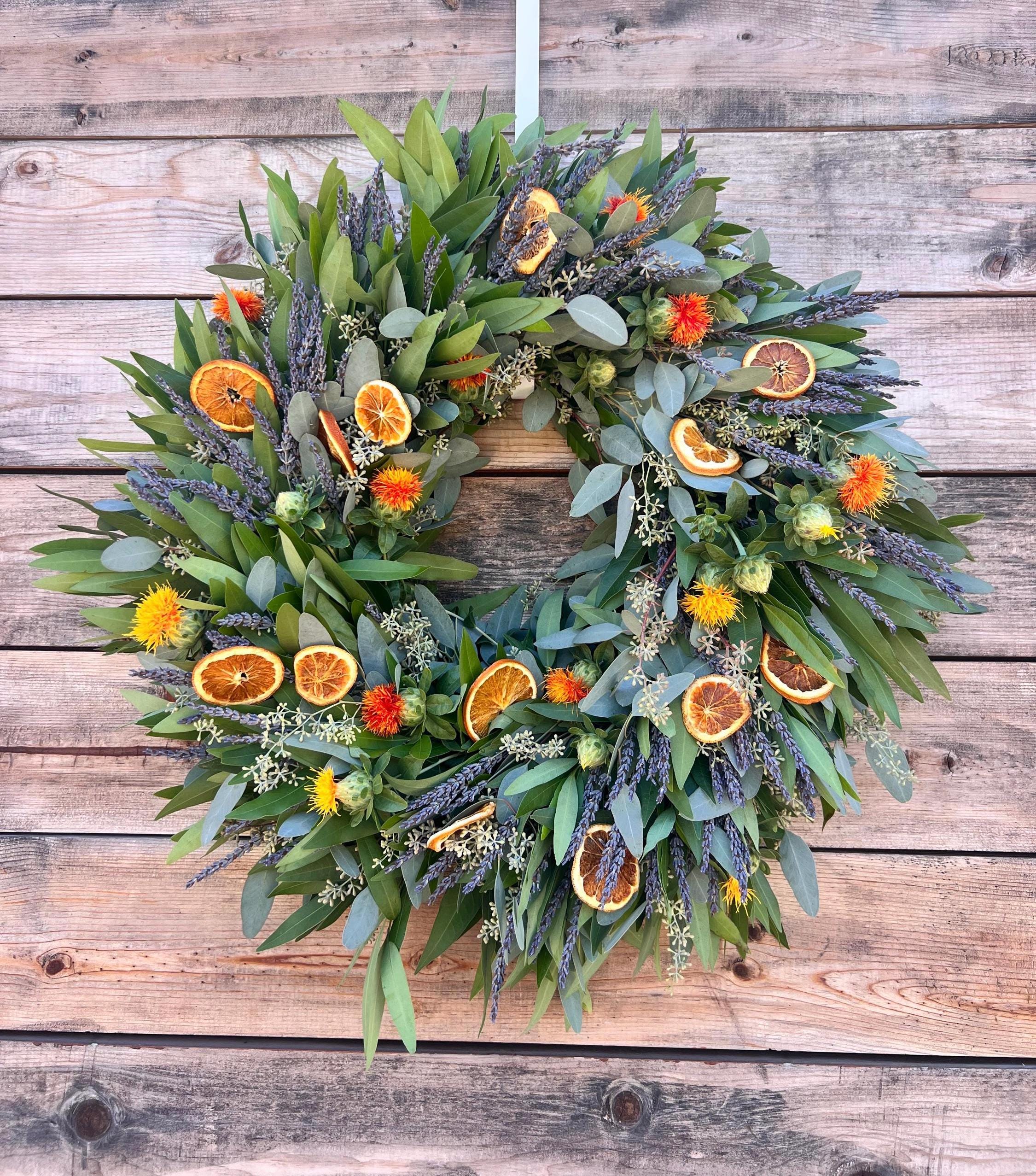 FRESH Bay Leaf Eucalyptus Dried Lavender and Dehydrated Oranges Wreath — Front Door | Home Decor | Yellow | Aromatic | Fall | End of Summer
