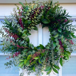 Fresh Real Baby Blue Eucalyptus, Pink Heather, and Ruscus Wreath Front Door, Wedding, Wall, Home Decor, Spring, gift, summer, Graduation.