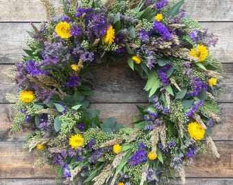 FRESH Aromatic Bayleaf, Purple Statice, Yellow Strawflower Wreath — Front Door | Home | Birthday Gift | Home Decor| Summer | Spring