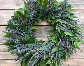 FRESH Bay leaf Rosemary Dried Lavender Eucalyptus wreath full of aroma front Door Decor. Wedding, Saint Patricks Day, Spring, Summer, Easter